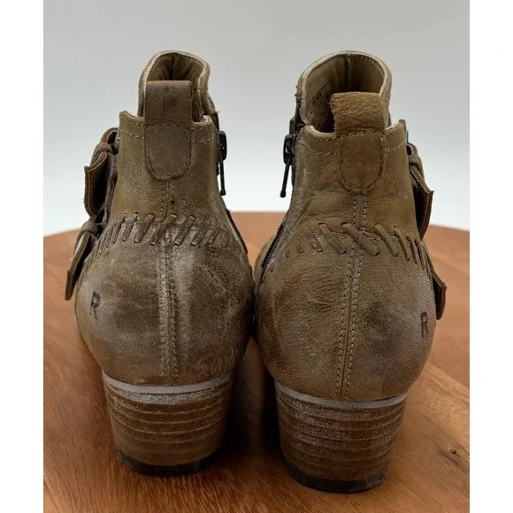 ROAN By Bed Stu Dune Heeled Leather Ankle Booties Distressed Tan White 6 - Picture 4 of 8